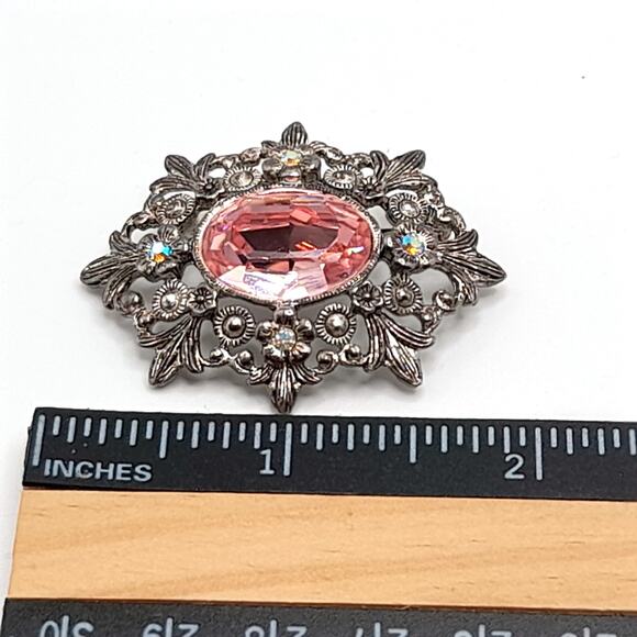 Vintage 1928 Co Pink Rhinestone Brooch, White Enamel Back, AB Rhinestones, 1980s - Picture 7 of 9